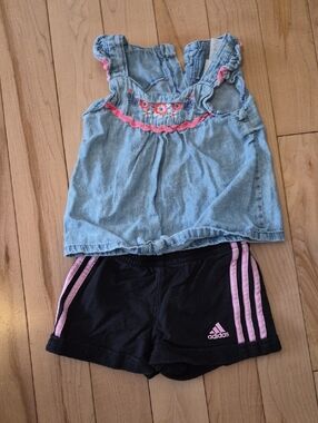 Girls Size 4 Little Lass Tank Top with Pink Trim + Black Adidas Short